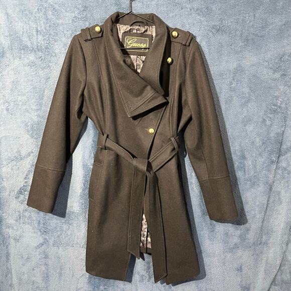 Vintage Wool Guess Black Trench Coat with Black Wrap Around Belt Woman’s Size XL - Picture 1 of 8